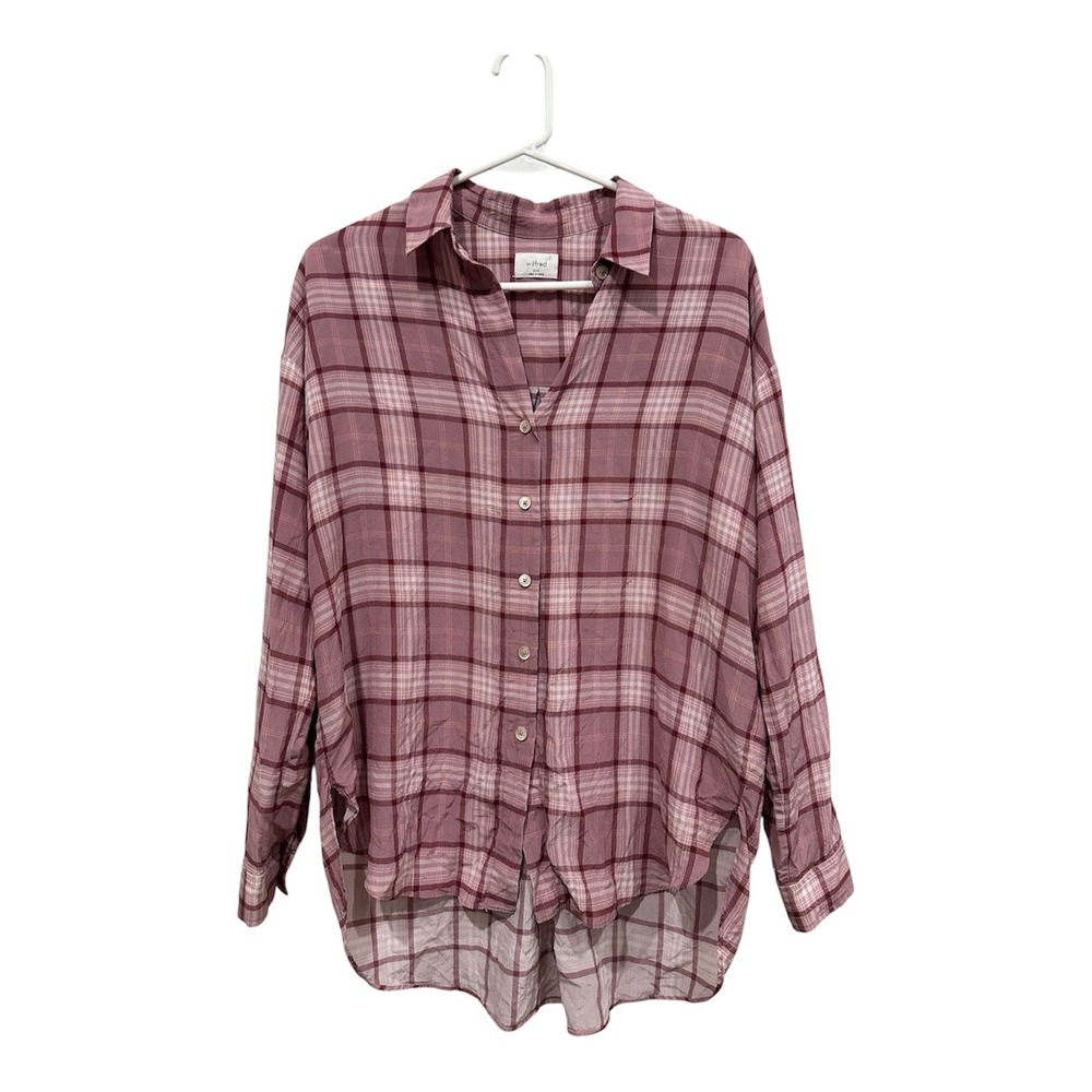 Wilfred Aritzia 100% Silk Plaid Button Down Shirt Mauve Pink XXS Oversized Blous